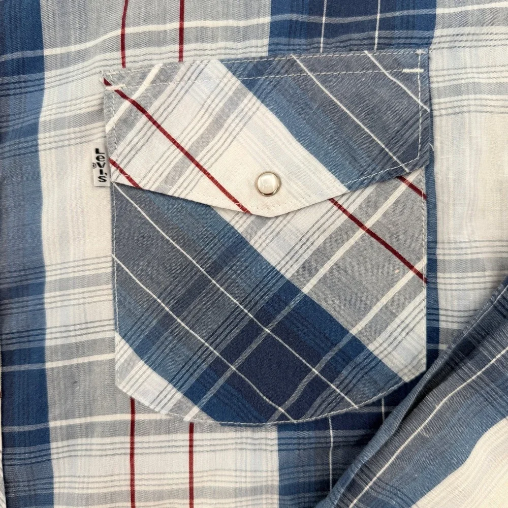 Levis Men XL Western Snap Shirt  Blue Plaid Regular Fit Pearl Snap 3LMLW0073